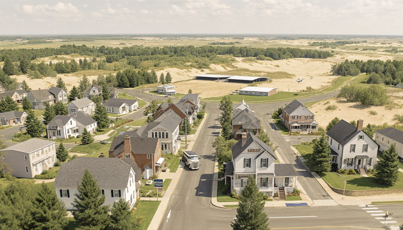 Hammonton's quaint town center with historic storefronts and a nearby small airfield framed by Pine Barrens dunes