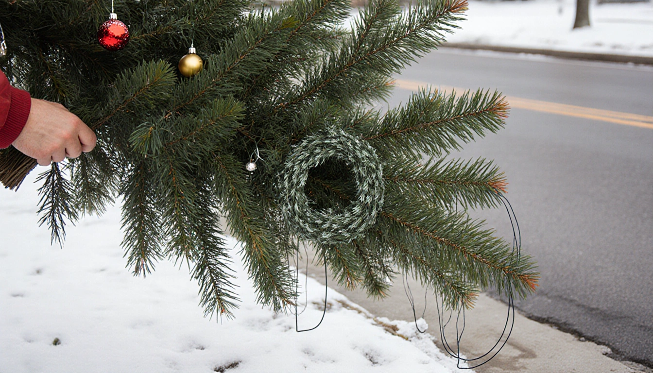 Person's hand holding a trimmed Christmas tree with natural wreaths near a curb and street for curbside pickup.
