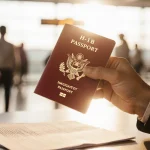 Hand holding worn red passport with H-1B visa sticker askew with scattered papers and worried expression