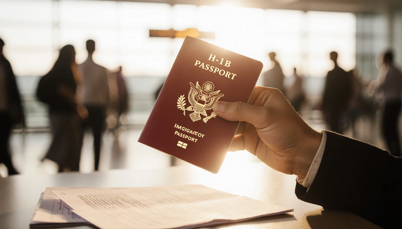 Hand holding worn red passport with H-1B visa sticker askew with scattered papers and worried expression