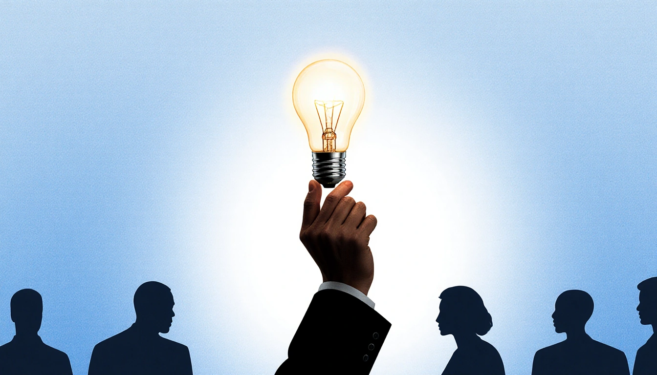 Hand holding glowing lightbulb with hopeful blue-white gradient and silhouettes of diverse people