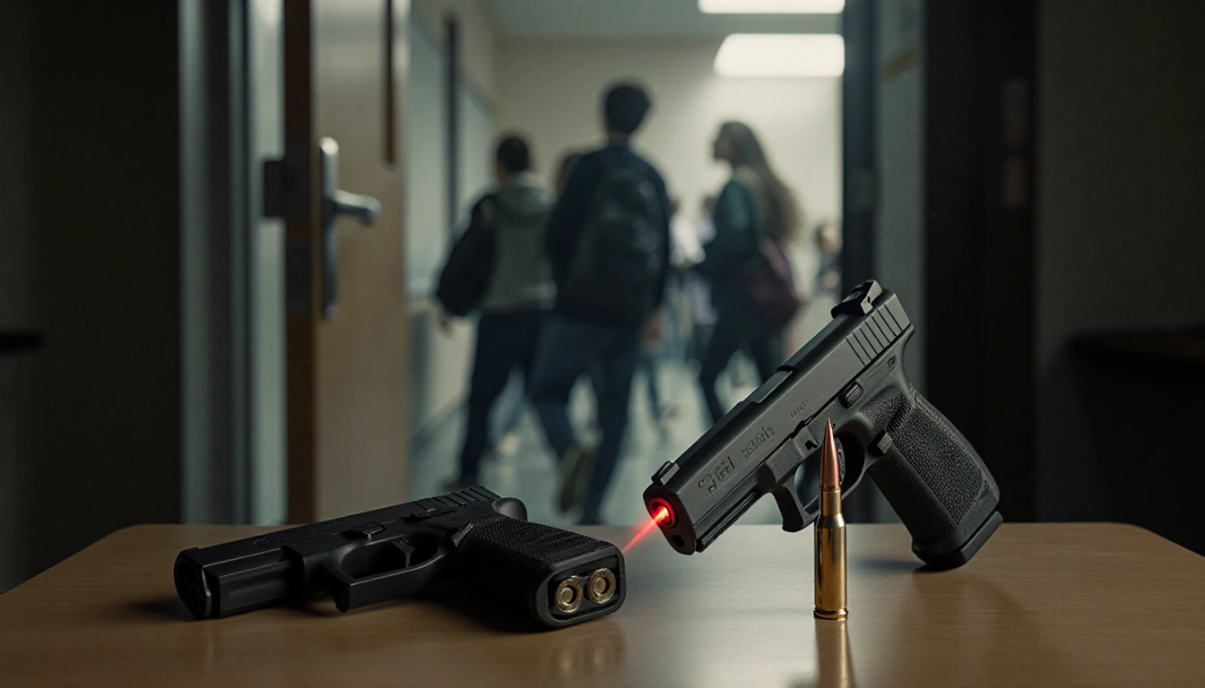 Handgun showing multiple rounds ejected with laser sight and dim hallway reflecting students rushing.
