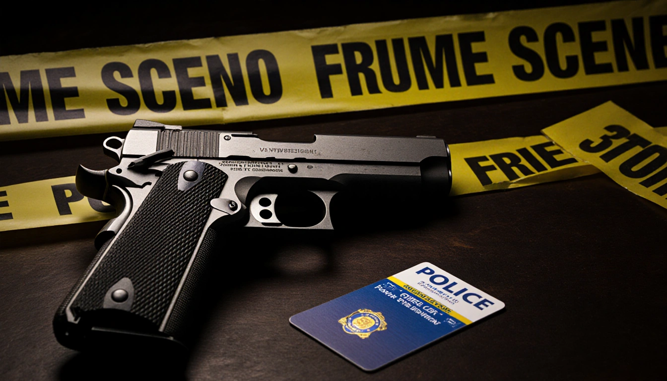 Handgun lying with forensic tape and badge on dark wood crime scene