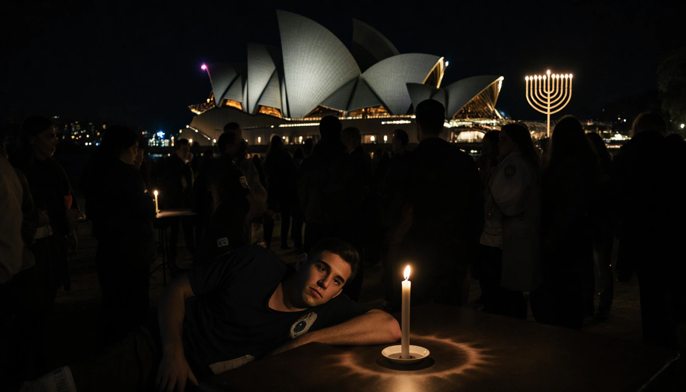 Medical team rushing to help young man lying on ground with Hanukkah candle glow and Sydney Opera House silhouette behind.