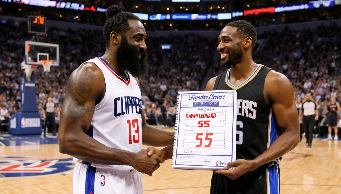 James Harden and Kawhi Leonard celebrate together with record book showing Kawhi's 55 points highlighted in red after NBA gam