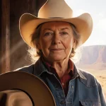 Harriet Hageman standing with cowboy hat in hand and warm natural light framing her against a rustic Wyoming backdrop