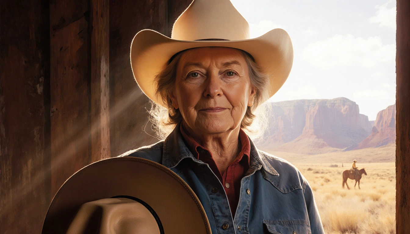 Harriet Hageman standing with cowboy hat in hand and warm natural light framing her against a rustic Wyoming backdrop