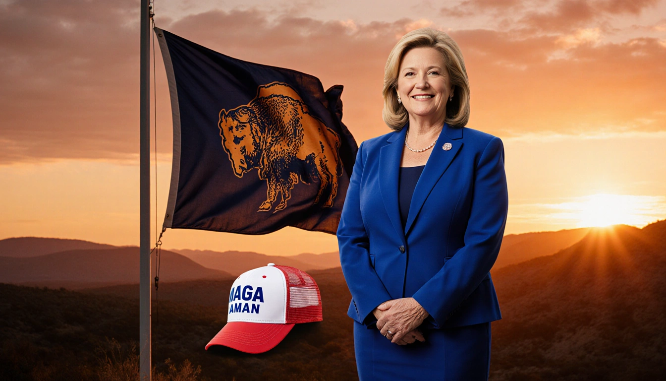 Harriet Hageman standing with hands clasped beside the Wyoming flag at sunset while a MAGA hat lies on the ground