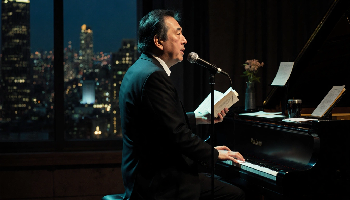 Haruki Murakami stands at microphone with glowing piano keys and cityscape window behind