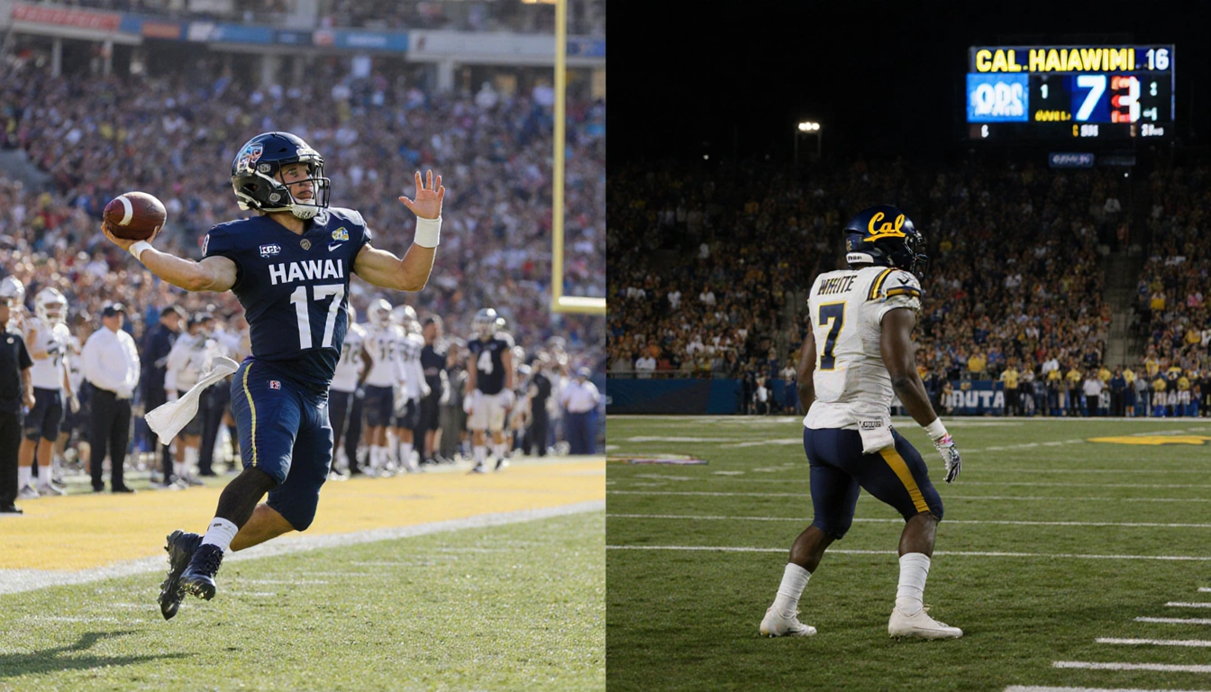 Micah Alejado throws a touchdown pass to Brandon White with Hawaii and Cal fields split behind and scoreboard Hawaii 14 Cal 7