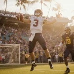 Luke Weaver throws a 22‑yard touchdown pass with Nick Cenacle airborne and Cal goalkeeper behind in Hawaii