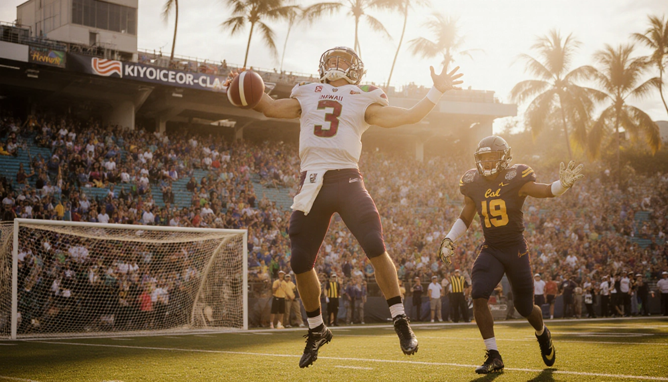 Luke Weaver throws a 22‑yard touchdown pass with Nick Cenacle airborne and Cal goalkeeper behind in Hawaii