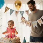 Hazel sits on a large birthday cake with candles lit and John holds a Happy 1st Birthday banner.