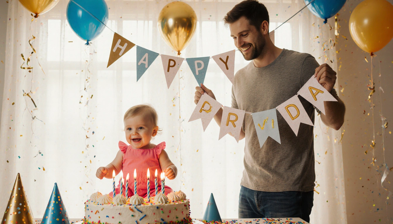 Hazel sits on a large birthday cake with candles lit and John holds a Happy 1st Birthday banner.