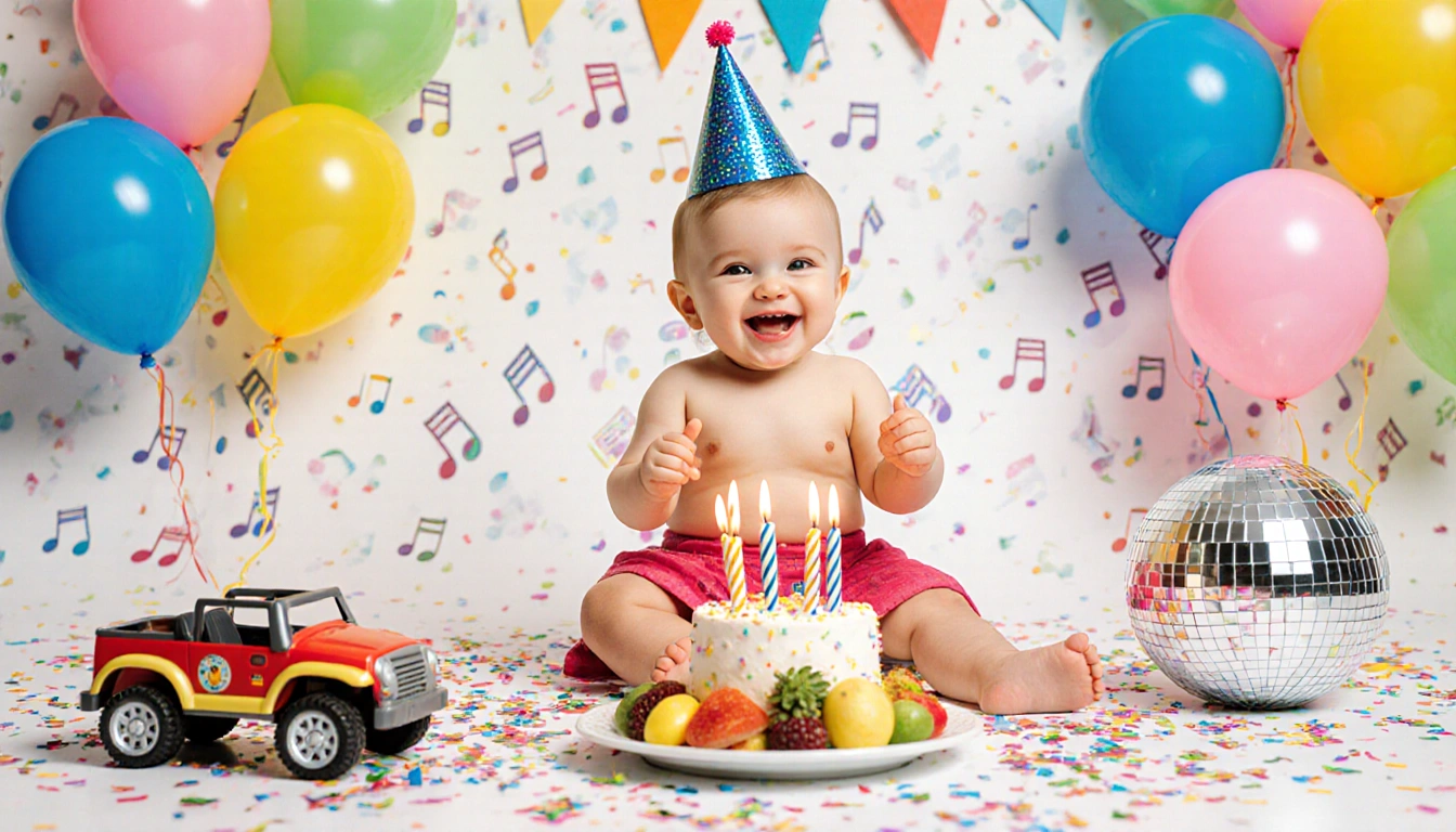 Hazel smiles while holding a cake with candles wearing a party hat with balloons and confetti around her birthday party.