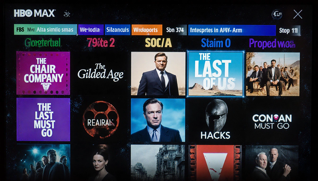 TV screen displaying HBO Max series logos with bold titles and subtle TV screen texture