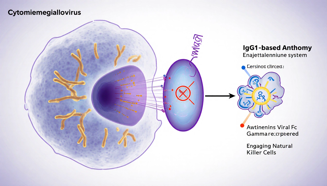 Antibody binds viral envelope protein with immune cell receptors exposed and blocks evasion.