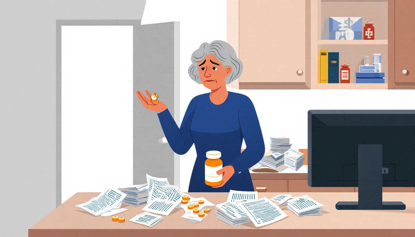 Middle-aged woman holding prescription bottle worried expression amid rising healthcare costs and medical bills in kitchen