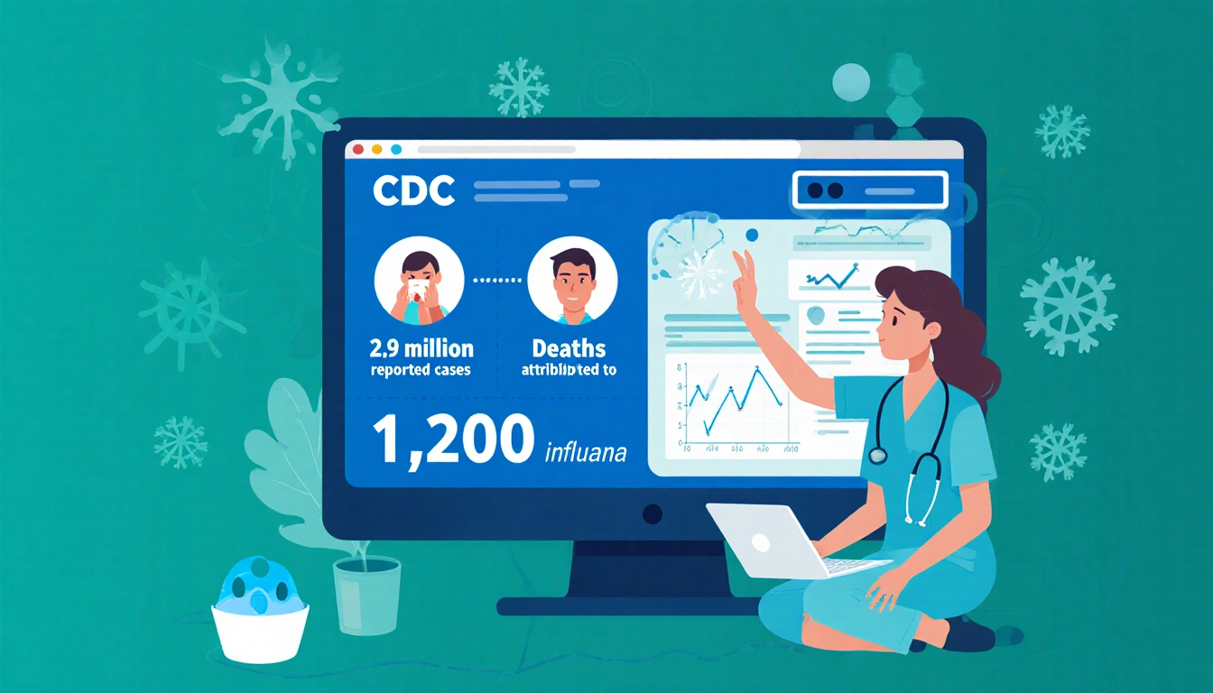 Healthcare professional reviewing CDC data on a screen with 2.9 million cases and 1,200 influenza deaths in calm blue tones.