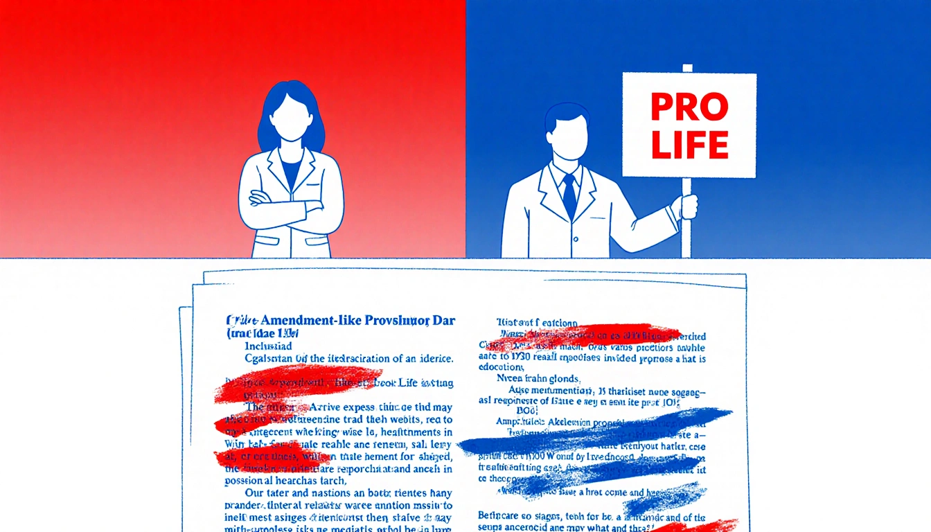 Healthcare providers negotiate at a table a woman crossed and a man holding a Pro-Life sign bill shows red blue edits