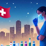 Healthcare worker administering vaccine with colorful vials and medical supplies against a dusk cityscape with misty skyscrap