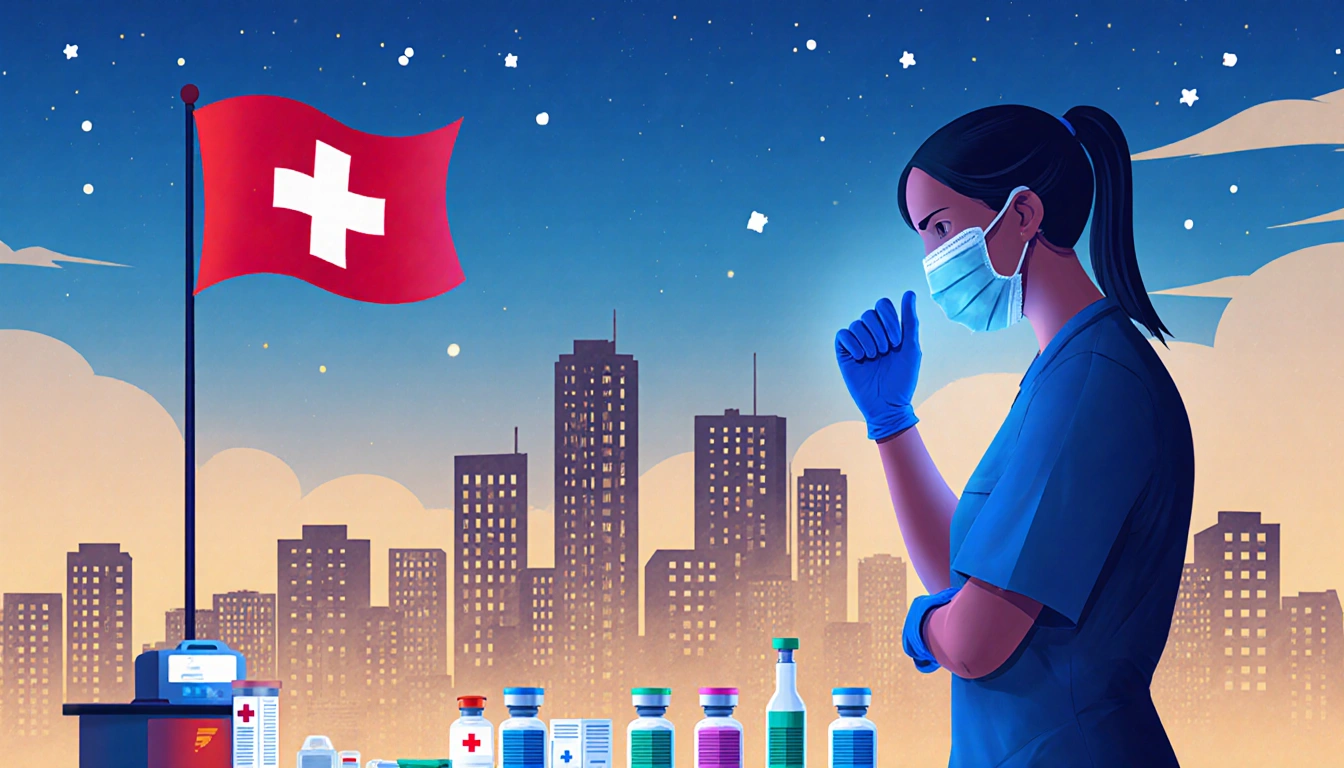 Healthcare worker administering vaccine with colorful vials and medical supplies against a dusk cityscape with misty skyscrap