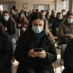 An anxious adult checking a phone with a flu mask in hand in a crowded waiting room