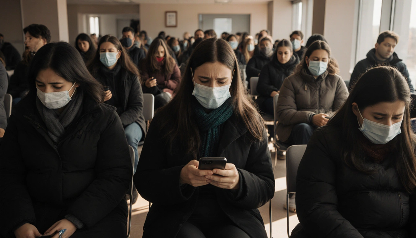An anxious adult checking a phone with a flu mask in hand in a crowded waiting room