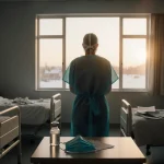 Healthcare worker standing with PPE and looking out window at winter landscape with a vaccine vial and mask on bedside table