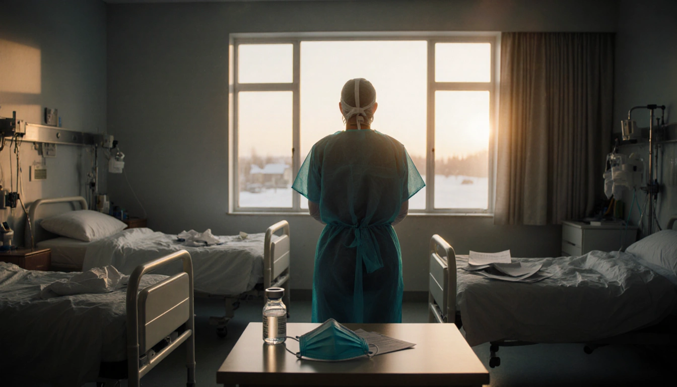 Healthcare worker standing with PPE and looking out window at winter landscape with a vaccine vial and mask on bedside table