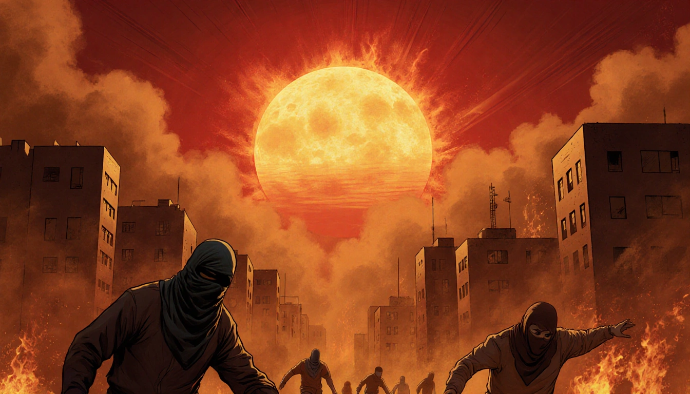 People fleeing cityscape with heat wave smoke and flames while a fiery sun rises behind them