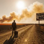 Lone traveler stands with suitcase as orange sky blazes behind and a weathered sign reads Temperature Record.