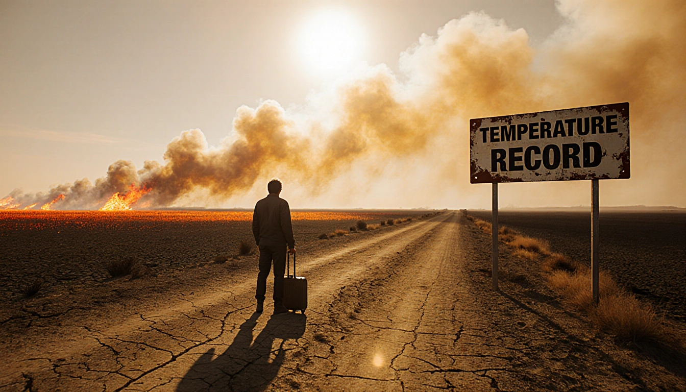 Lone traveler stands with suitcase as orange sky blazes behind and a weathered sign reads Temperature Record.