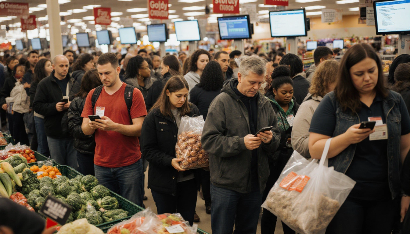 Shoppers waiting in a crowded H-E-B holiday checkout line with frustrated faces and blurred error screens