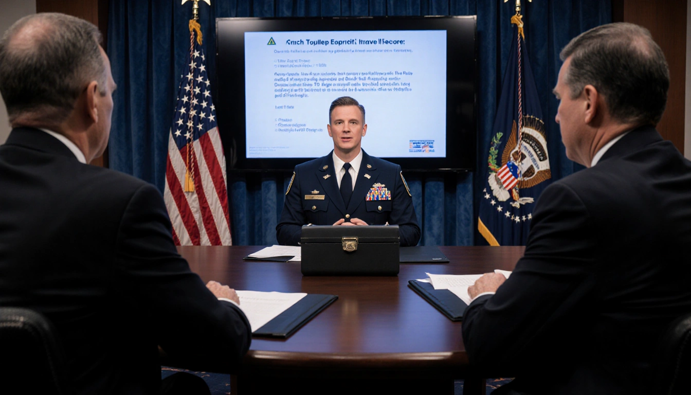 Pentagon official speaking with senators in a muted briefing room with classified documents and briefcase and cryptic screen.