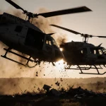 Enstrom helicopters collide midair over rural New Jersey with a dark cloud of twisted metal and a golden sunset glow.