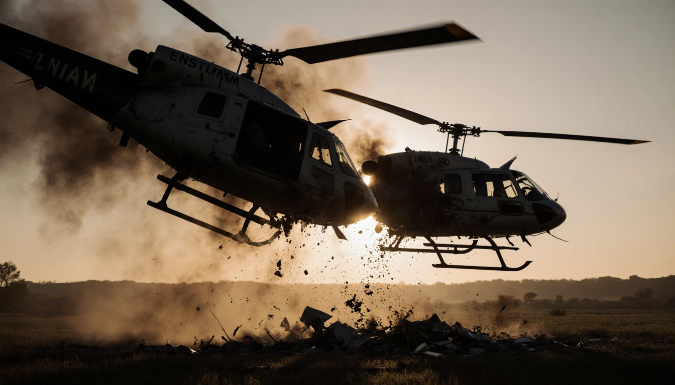 Enstrom helicopters collide midair over rural New Jersey with a dark cloud of twisted metal and a golden sunset glow.