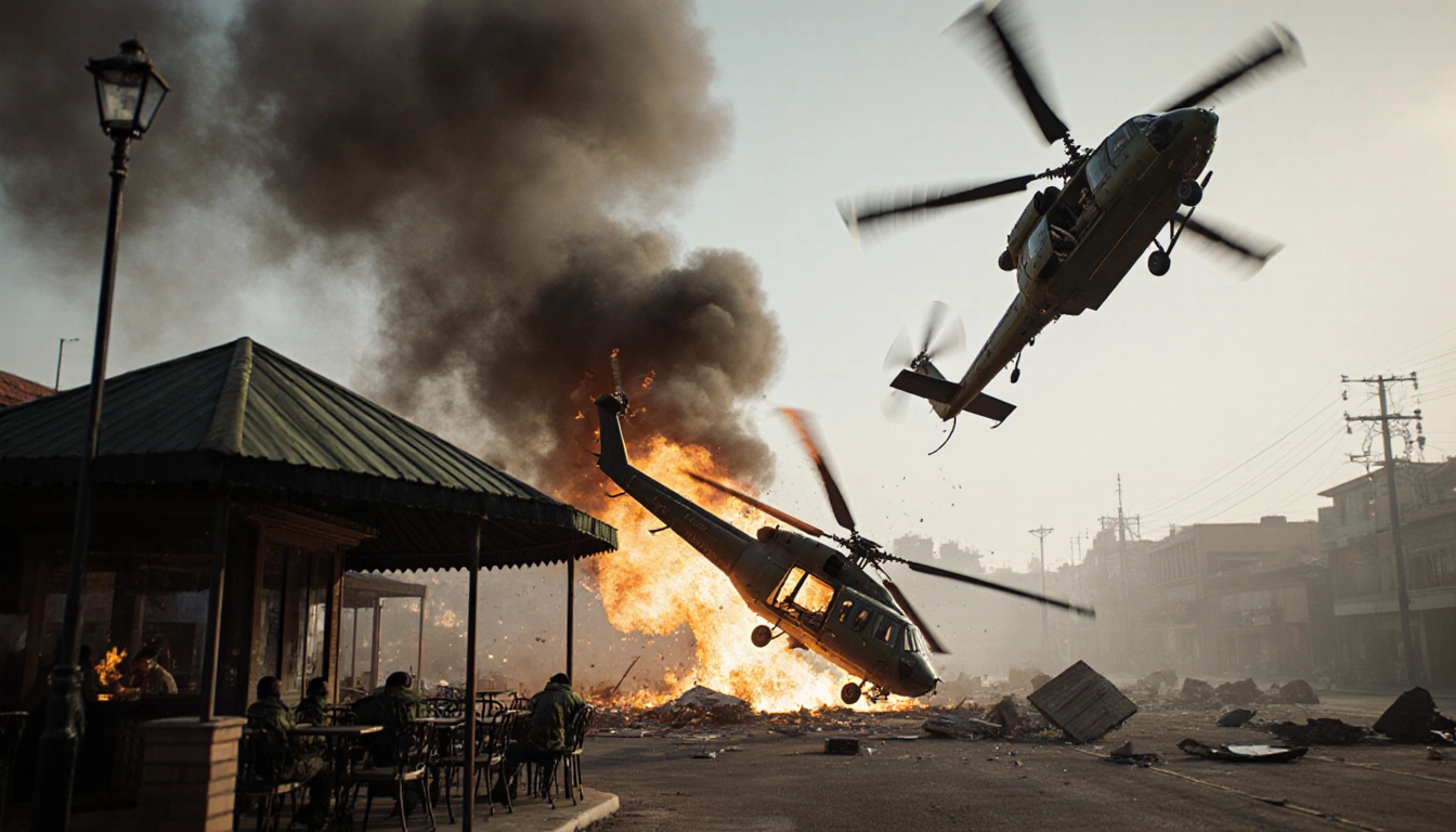 Helicopter blades collide midair with flames and smoke and a nearby cafe is partially obscured by debris.