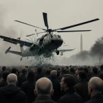 Helicopter plummeting toward National Mall with rotors tangled around airliner wingtip and shattered cockpit glass