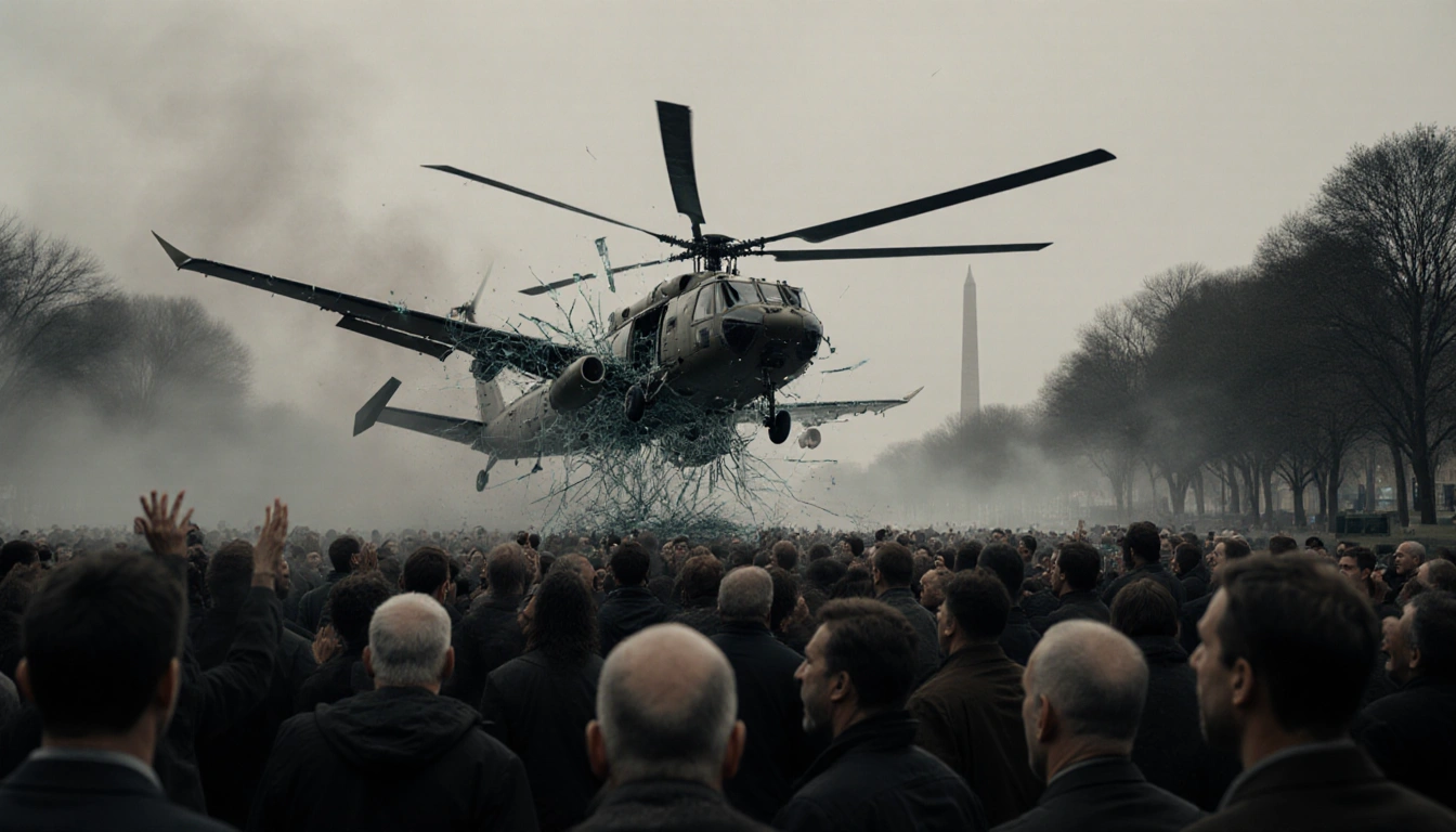 Helicopter plummeting toward National Mall with rotors tangled around airliner wingtip and shattered cockpit glass