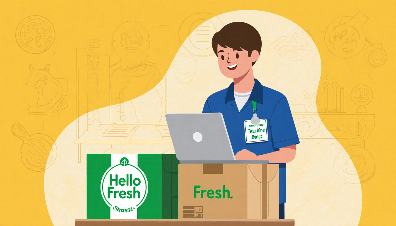 Student holding laptop and HelloFresh box with ID badge in classroom background highlighting exclusive deal