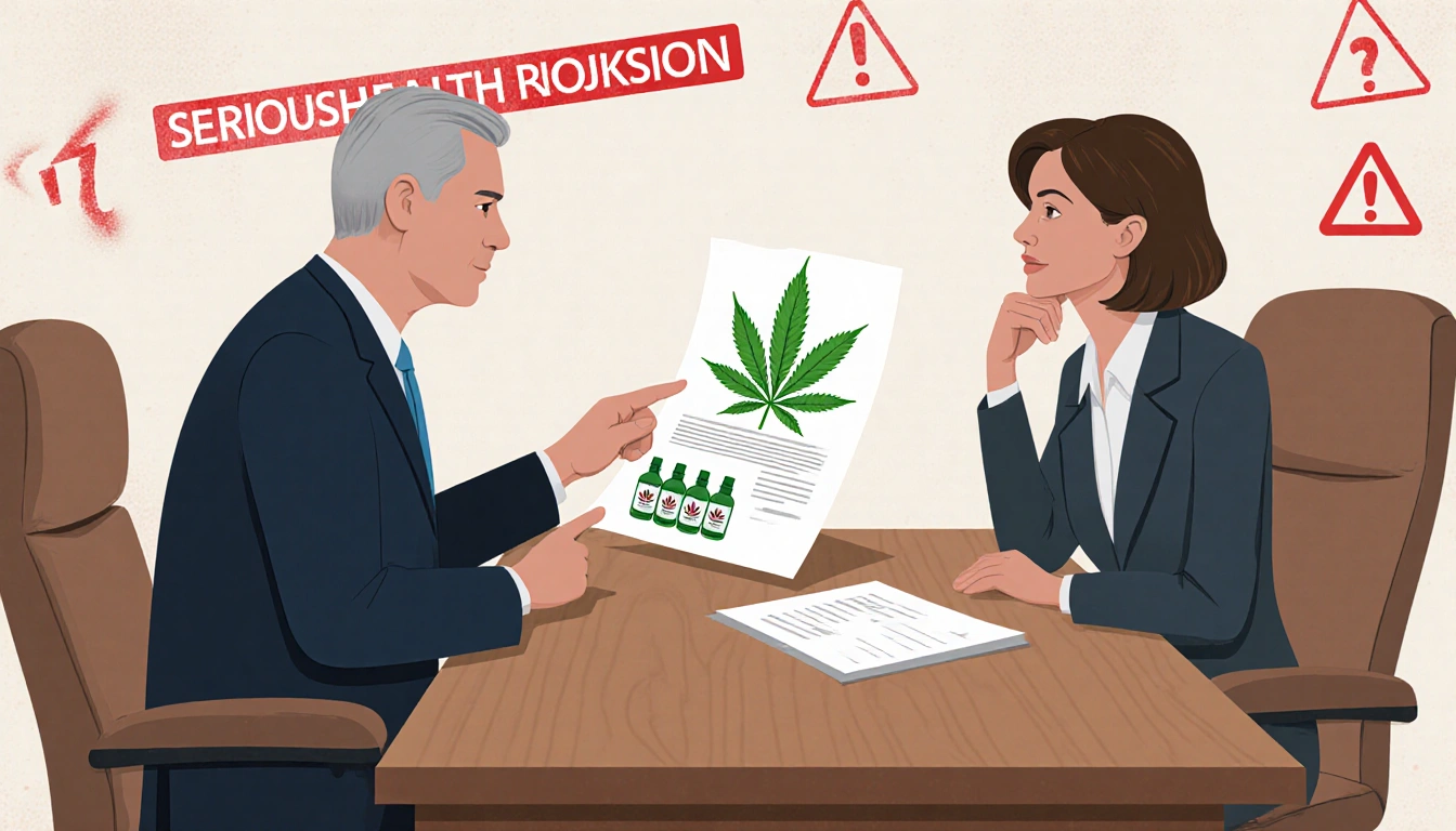 Man in suit pointing to hemp plant document with CBD labels between them and red tape in background
