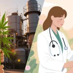 Person holding hemp plant with worried expression beside medical professional examining relaxed patient amid calm garden
