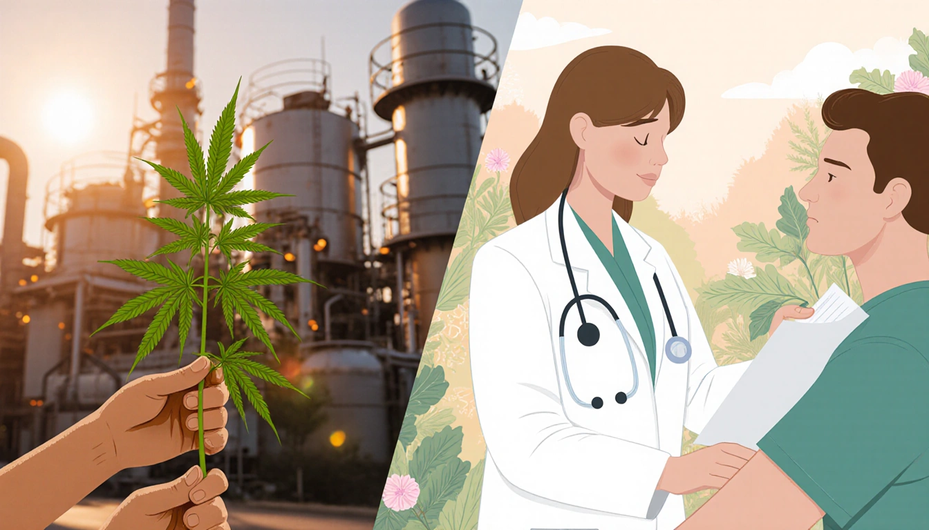 Person holding hemp plant with worried expression beside medical professional examining relaxed patient amid calm garden