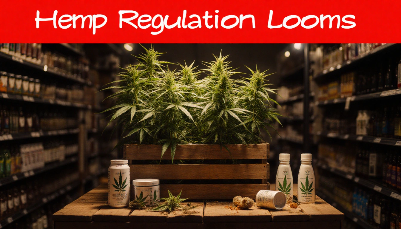 Hemp plants rest on a wooden crate with a red regulation banner overhead and broken gummies near the edge
