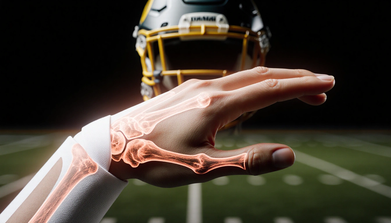 X-ray shows Justin Herbert's broken left hand healing with bone through cast and blurred football field behind