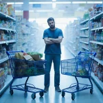 Frazzled shopper standing between full and empty shopping carts with a grid showing hidden fees.