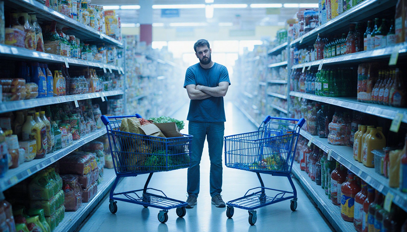 Frazzled shopper standing between full and empty shopping carts with a grid showing hidden fees.