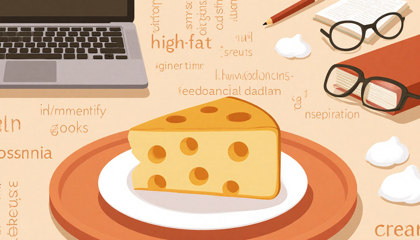 Plate displaying generous cheese with laptop and book and glasses nearby while faint word clouds drift around