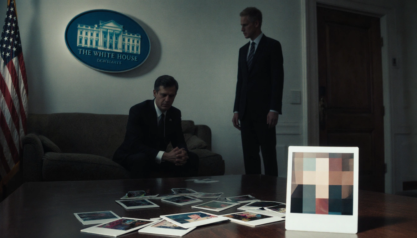 High-profile figure sitting on couch with person standing and Polaroid photos scattered hinting at political scandal